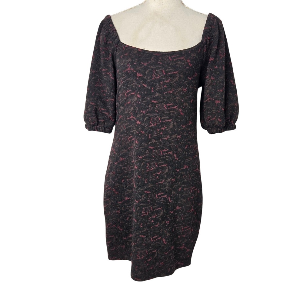 Free People Black Burgundy Textured Puff Sleeve Square Neck Mini‎ Dress Size S